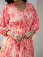 Thumbnail for Janasya Bright Georgette Floral Fit & Flare Dress