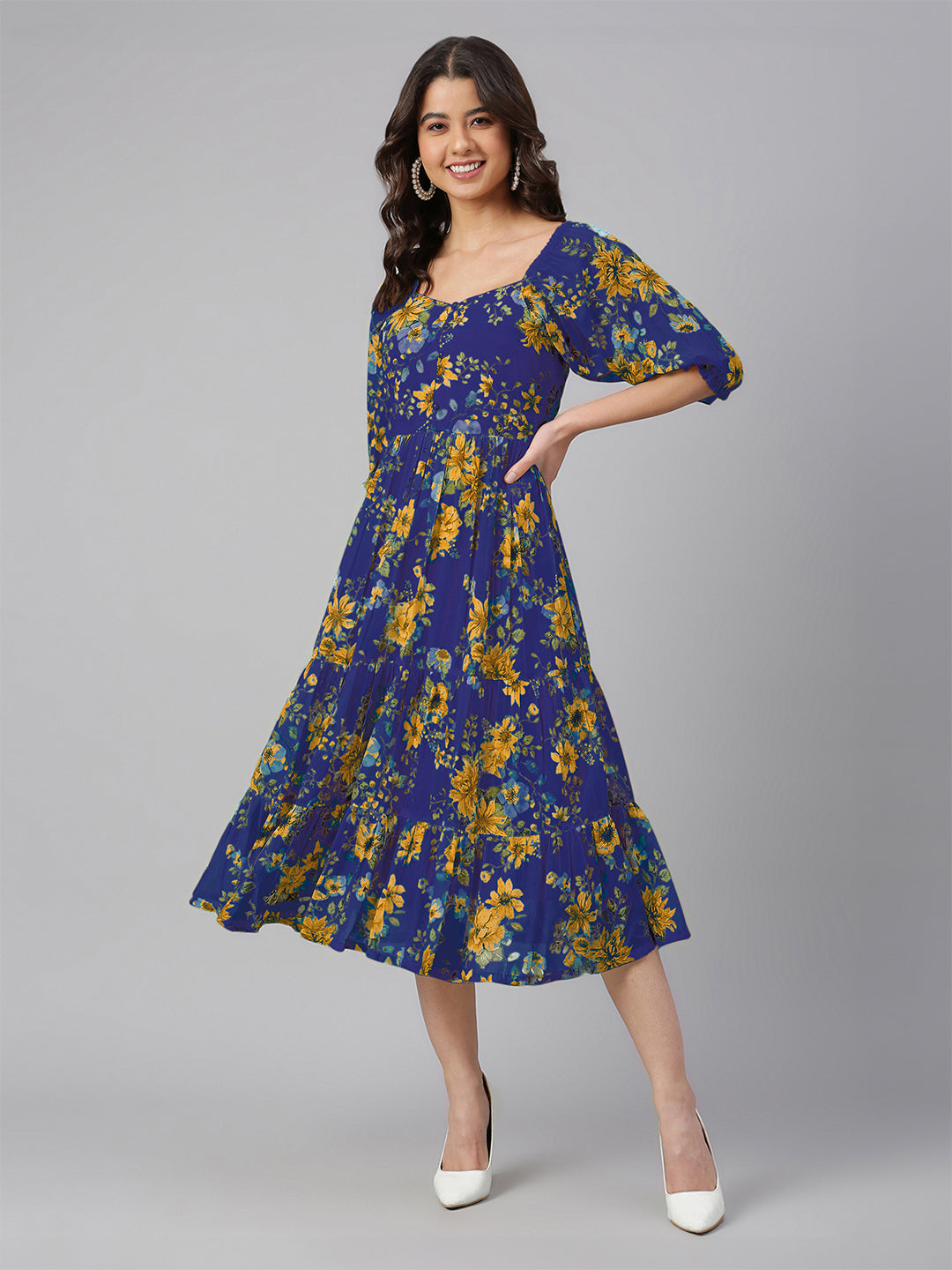 Janasya Bright Georgette Floral Tiered Dress