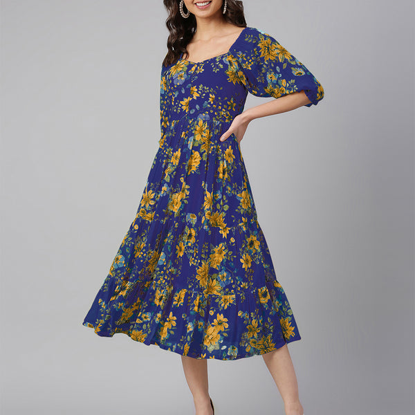 Janasya Bright Georgette Floral Tiered Dress
