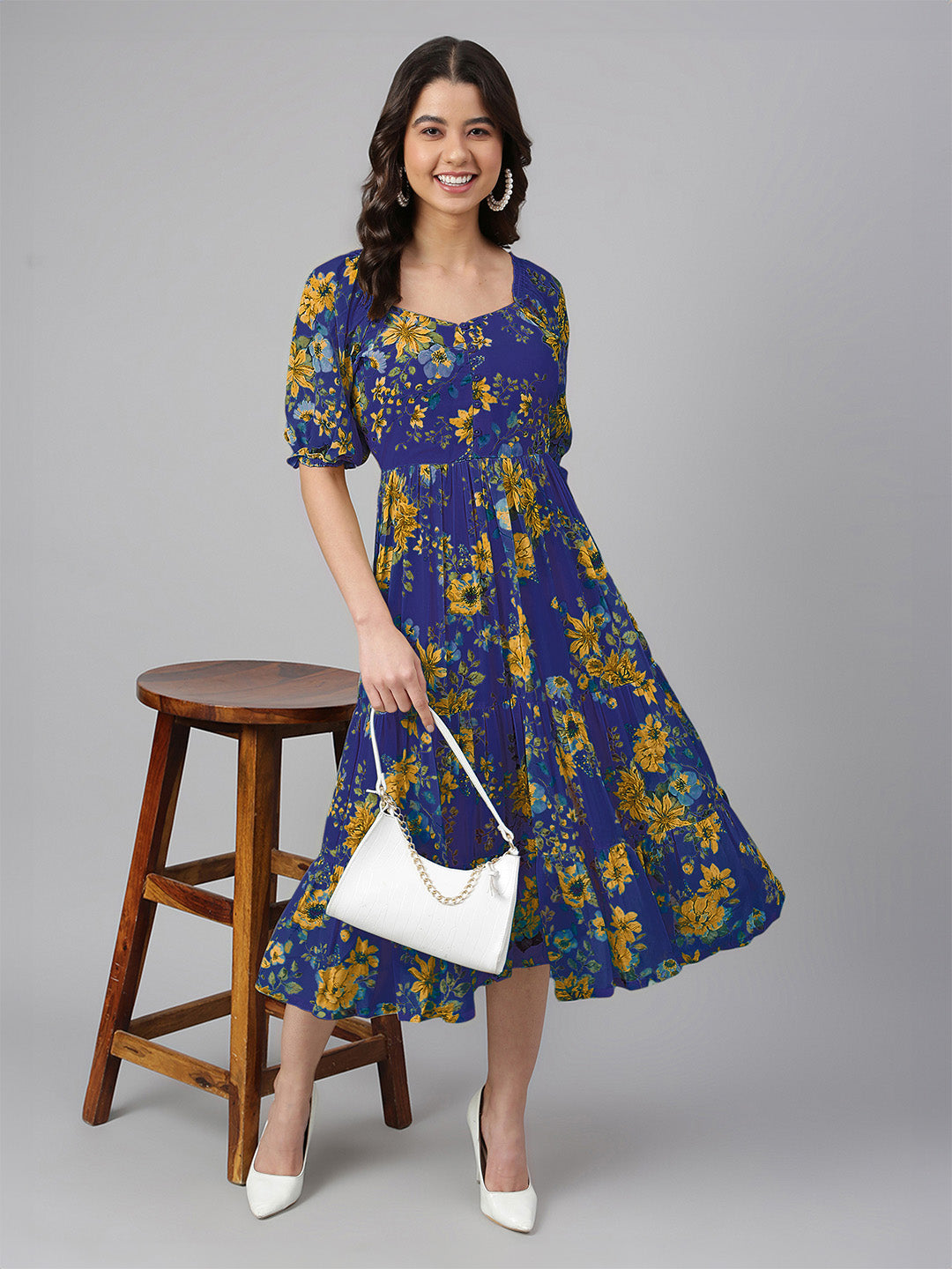 Janasya Bright Georgette Floral Tiered Dress