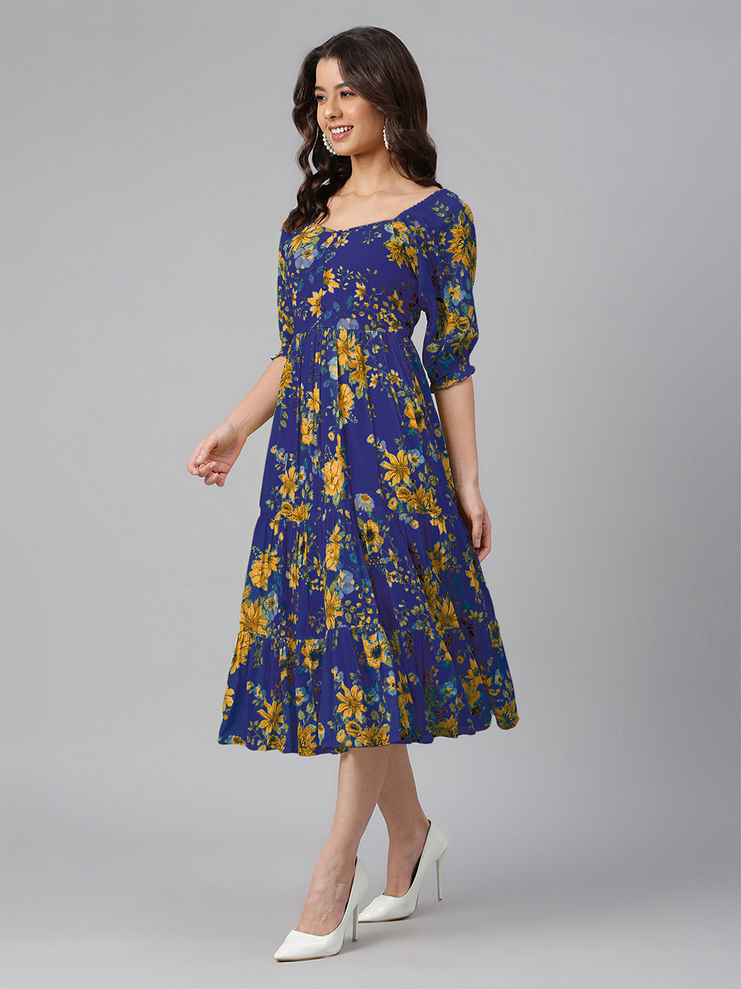 Janasya Bright Georgette Floral Tiered Dress