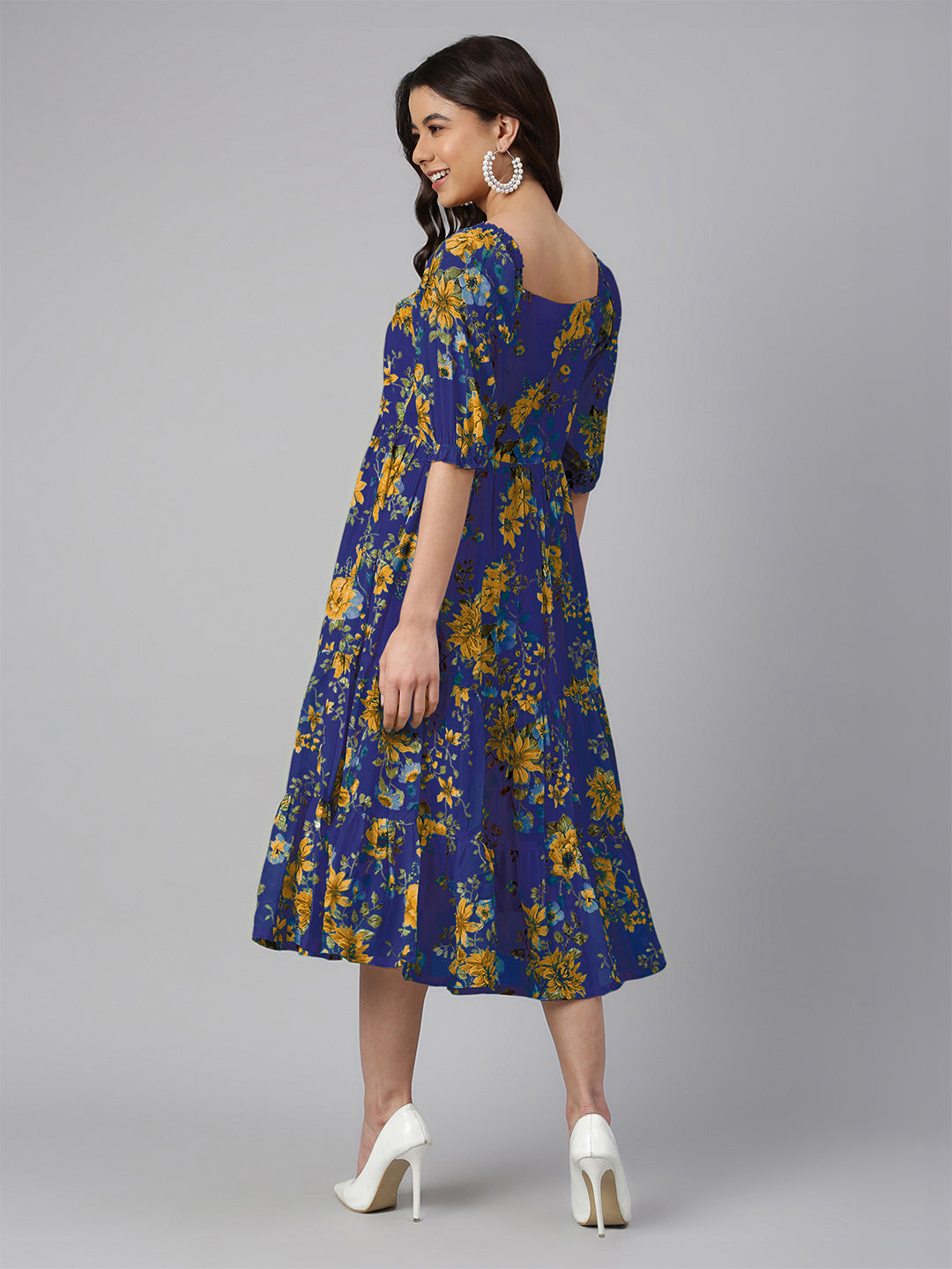 Janasya Bright Georgette Floral Tiered Dress