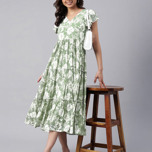 Janasya Dark Georgette Abstract Tiered Dress