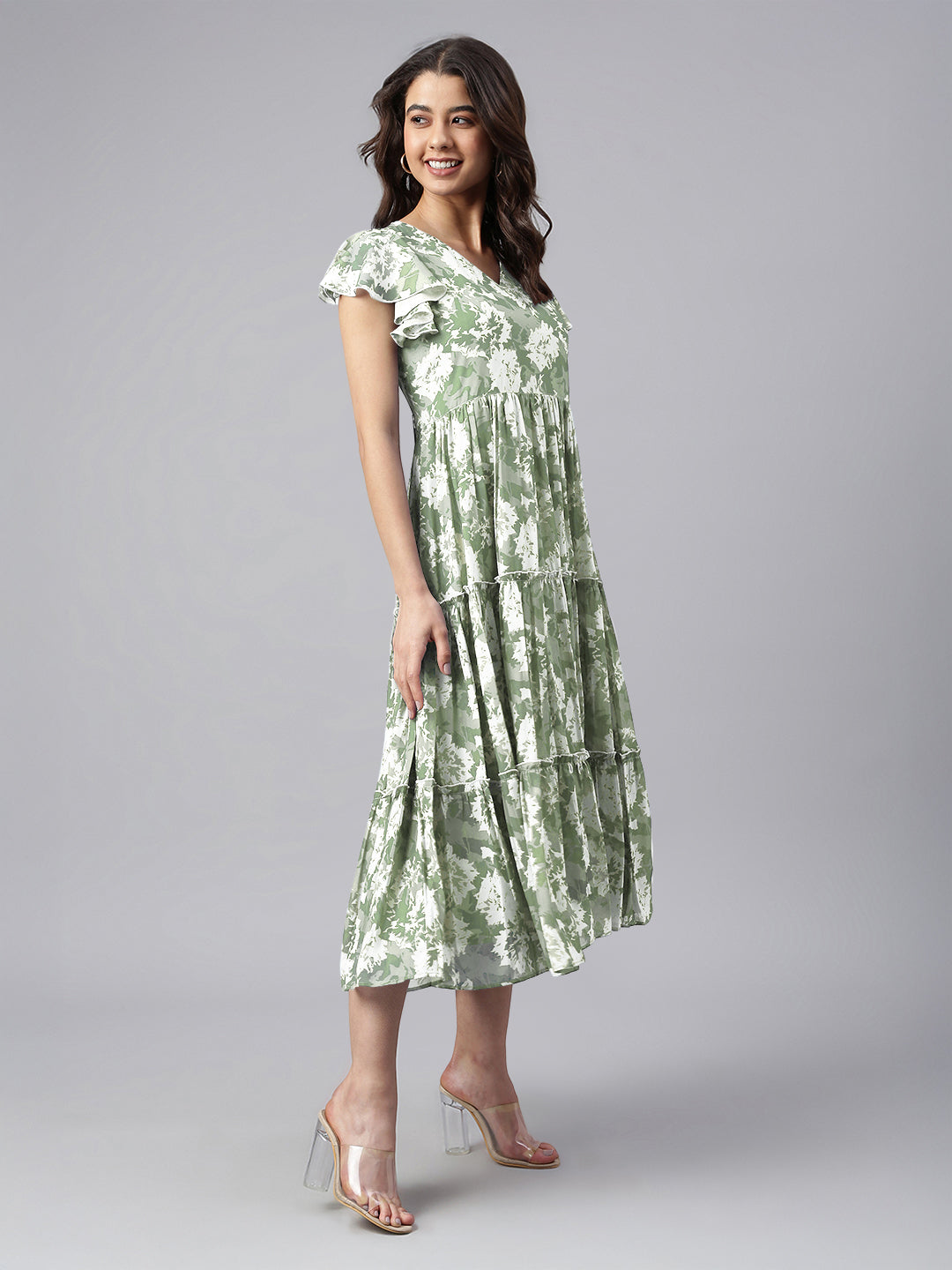 Janasya Dark Georgette Abstract Tiered Dress
