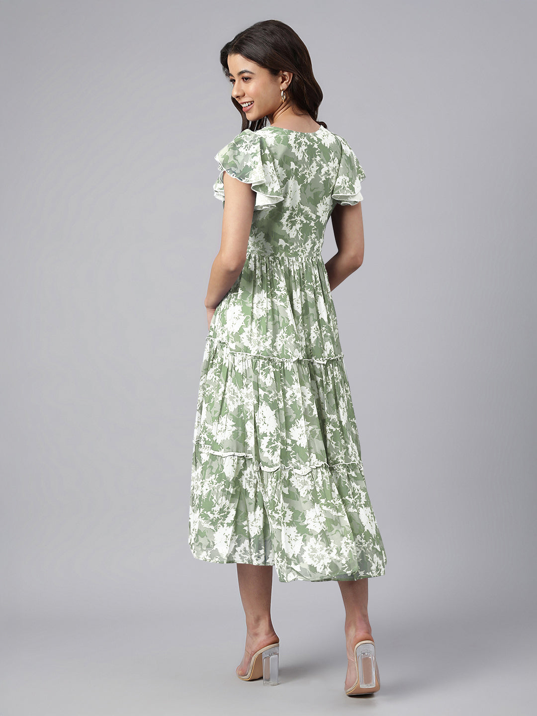 Janasya Dark Georgette Abstract Tiered Dress
