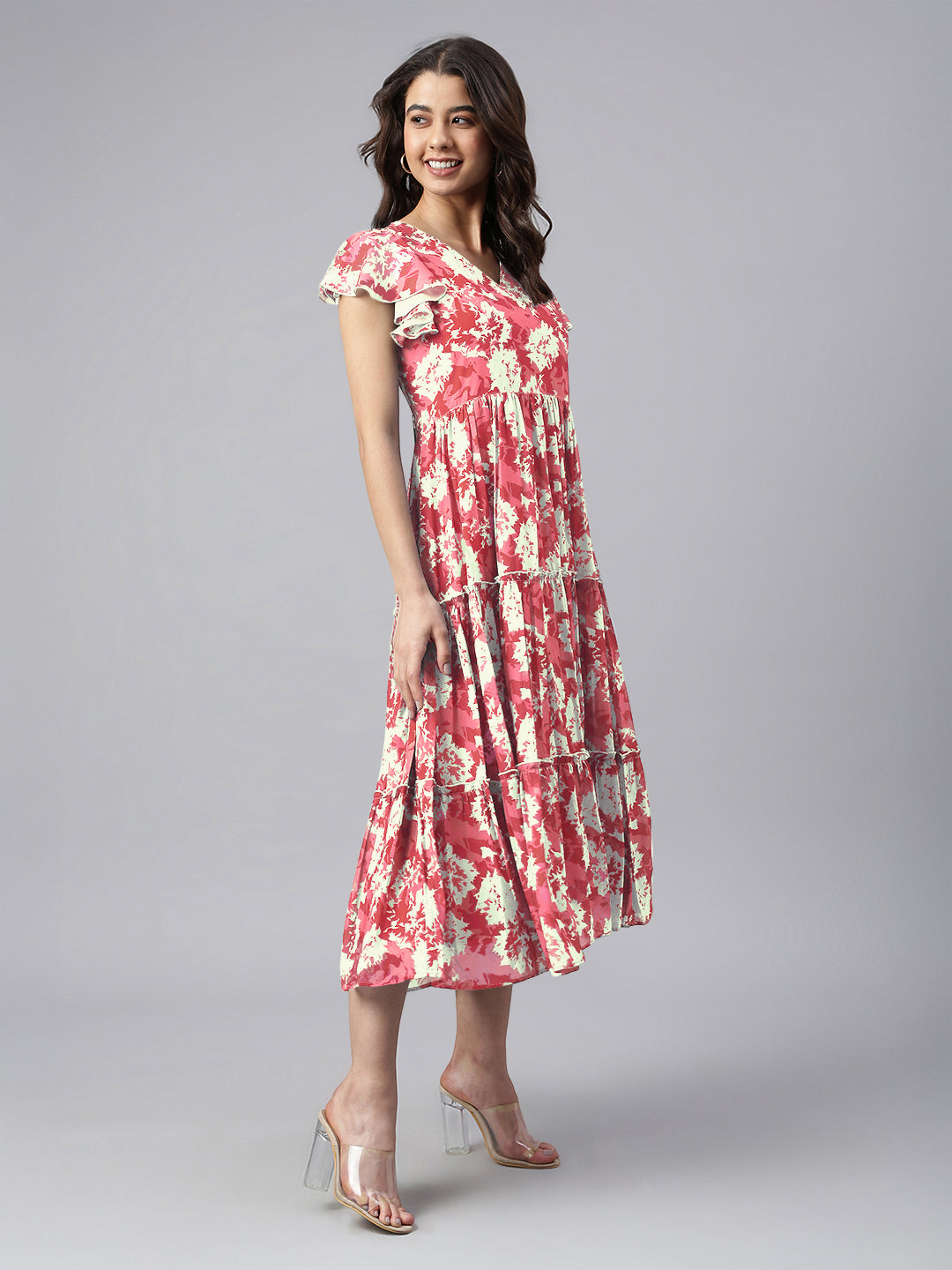 Janasya Dark Georgette Abstract Tiered Dress