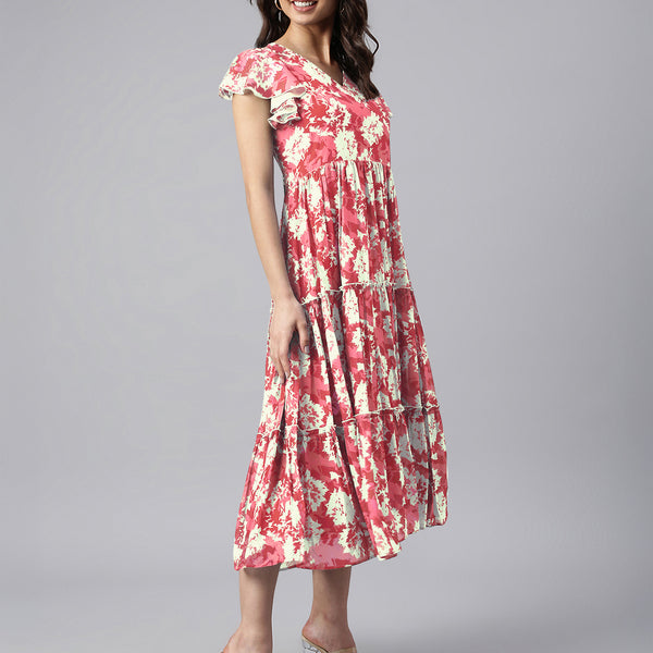 Janasya Dark Georgette Abstract Tiered Dress