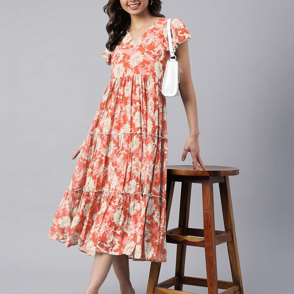 Janasya Dark Georgette Abstract Tiered Dress