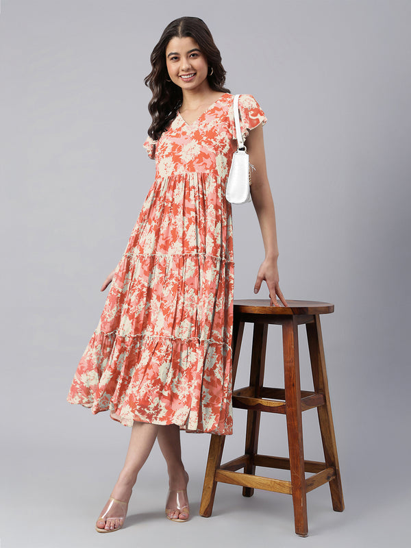 Janasya Dark Georgette Abstract Tiered Dress