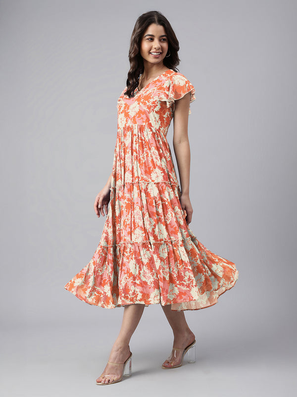 Janasya Dark Georgette Abstract Tiered Dress