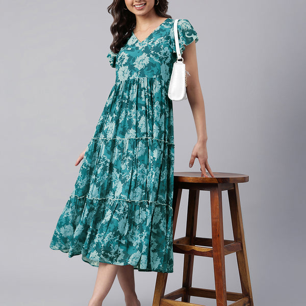 Janasya Dark Georgette Floral Tiered Dress