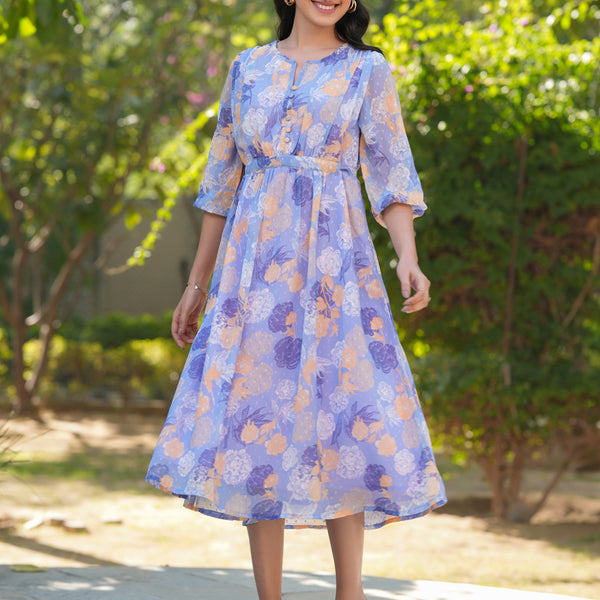 Janasya Dark Georgette Floral A-Line Dress