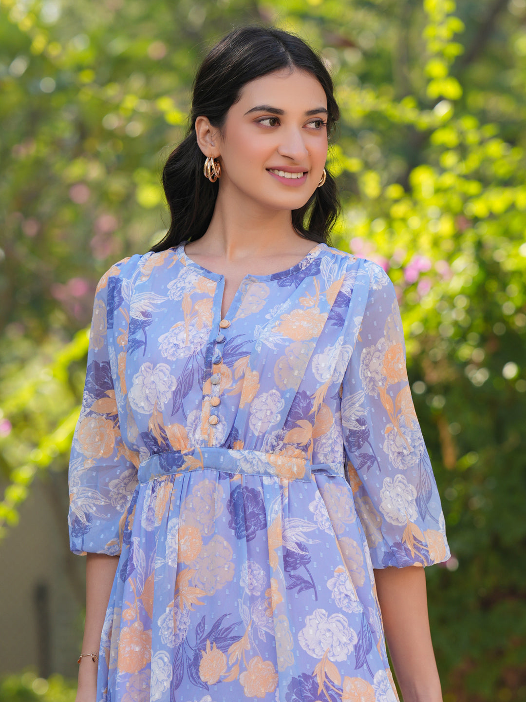 Janasya Dark Georgette Floral A-Line Dress