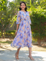 Thumbnail for Janasya Dark Georgette Floral A-Line Dress