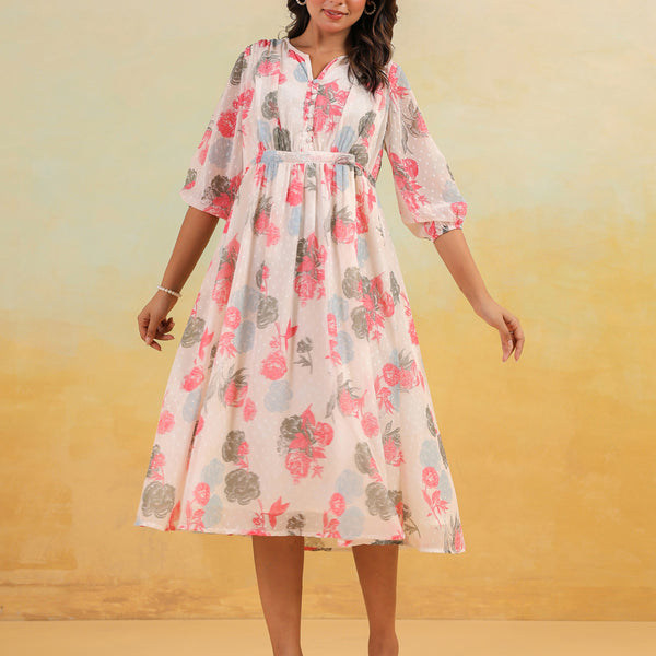 Janasya Light Georgette Floral Flared Dress