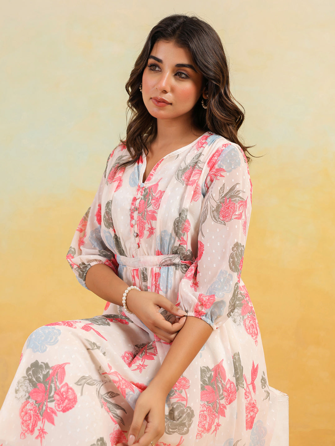 Janasya Light Georgette Floral Flared Dress