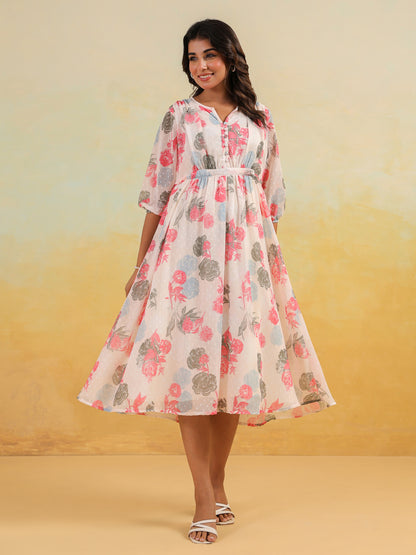 Janasya Light Georgette Floral Flared Dress - Distacart