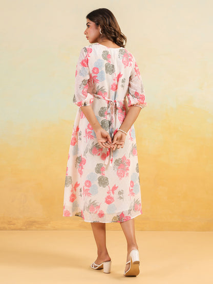 Janasya Light Georgette Floral Flared Dress - Distacart