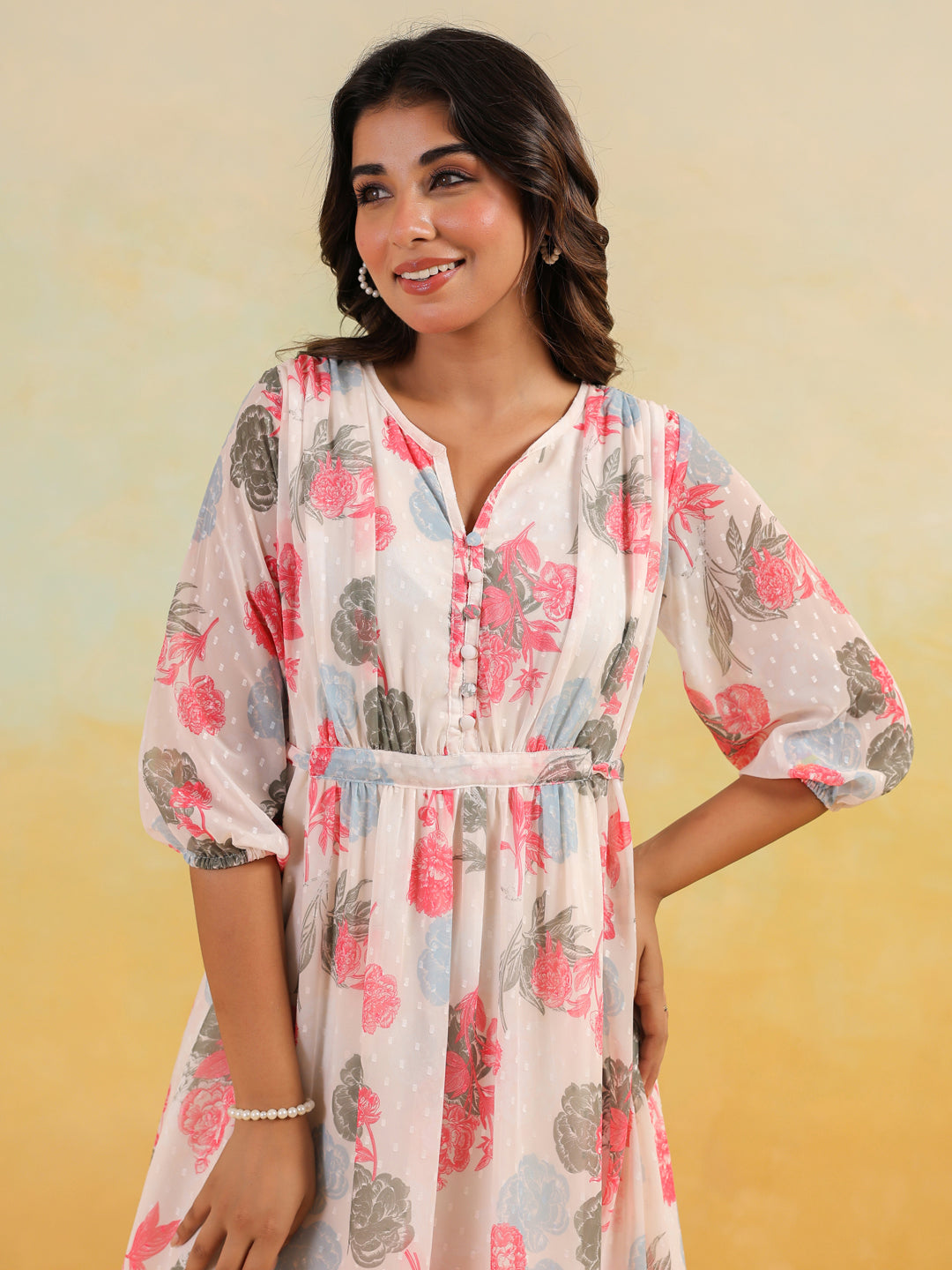 Janasya Light Georgette Floral Flared Dress