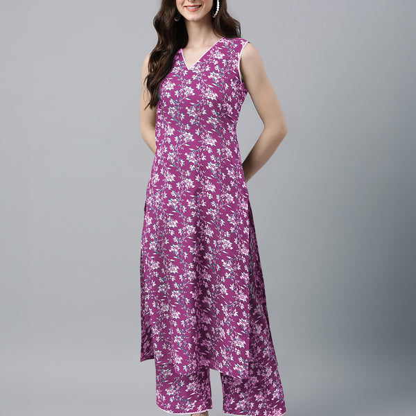 Janasya Bright Cotton Floral A-Line Kurta Set