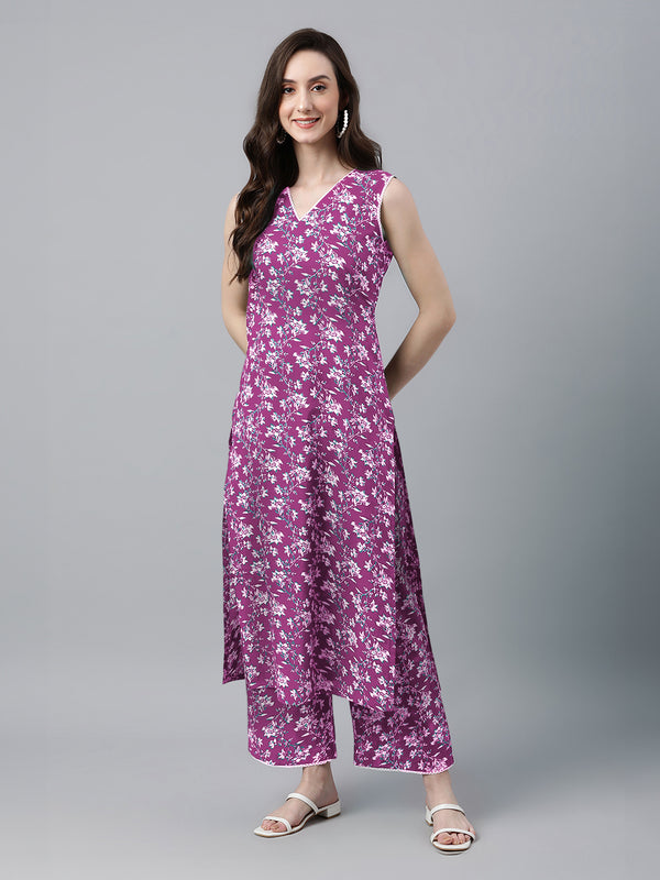 Janasya Bright Cotton Floral A-Line Kurta Set