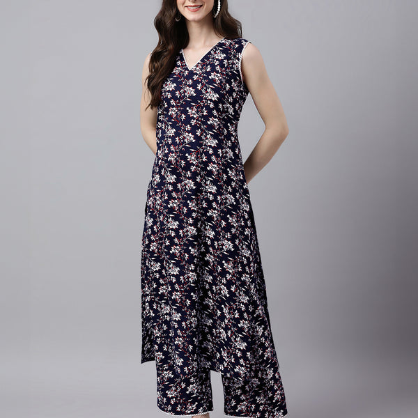 Janasya Dark Cotton Floral A-Line Kurta Set