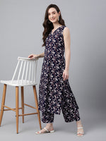 Thumbnail for Janasya Dark Cotton Floral A-Line Kurta Set