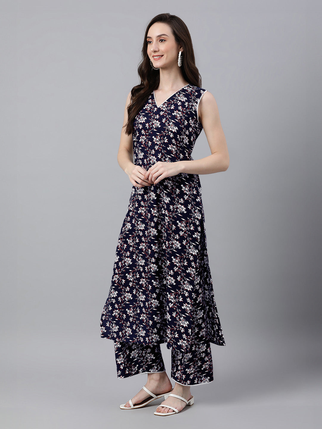 Janasya Dark Cotton Floral A-Line Kurta Set