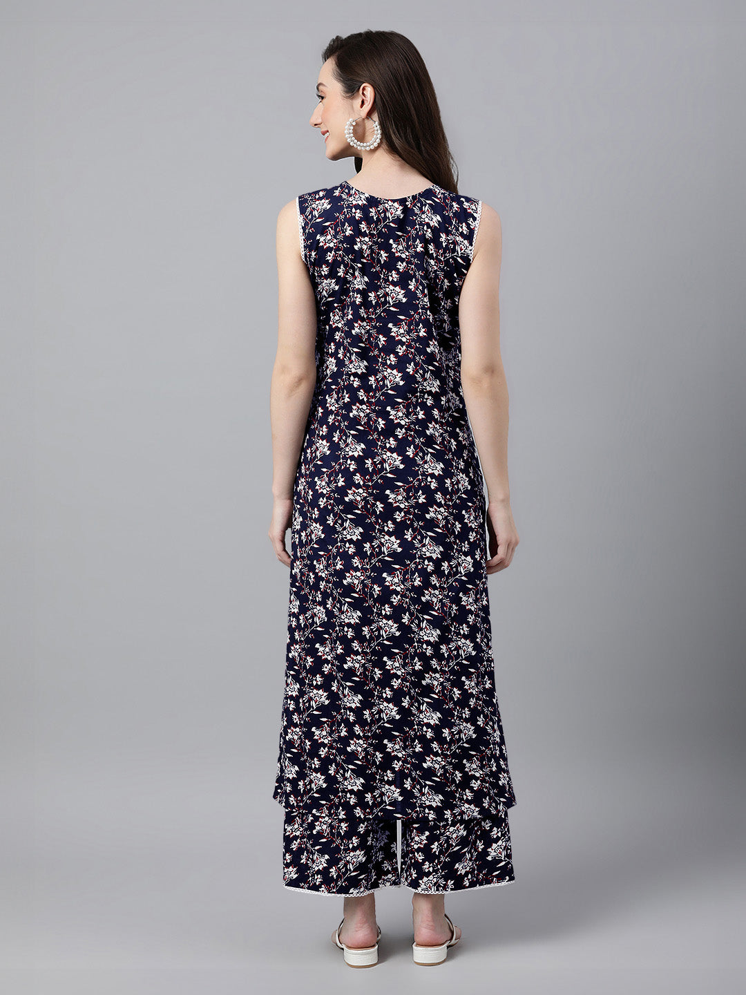Janasya Dark Cotton Floral A-Line Kurta Set