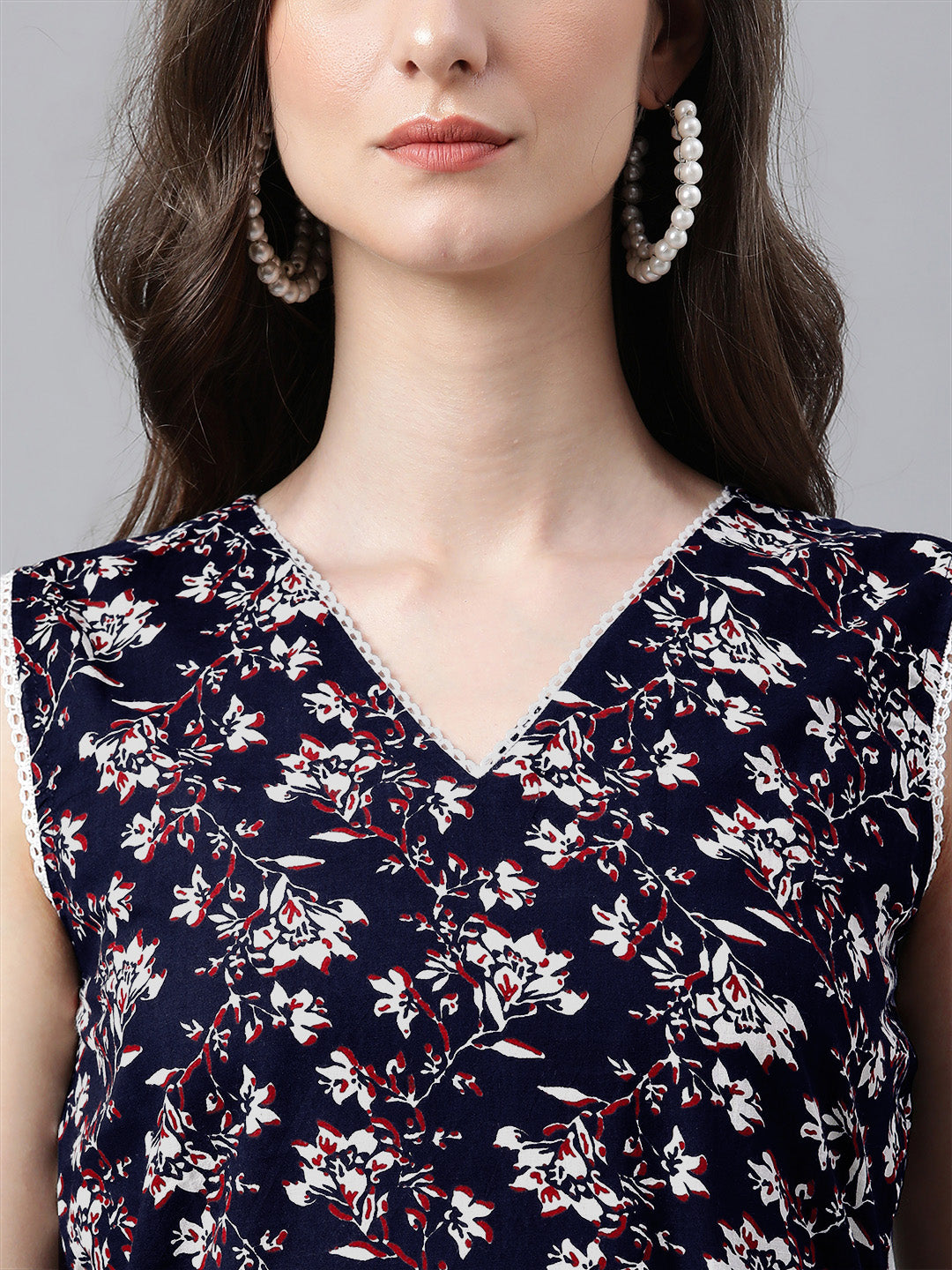 Janasya Dark Cotton Floral A-Line Kurta Set