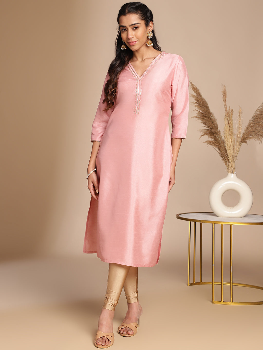Janasya Pink Crepe Silk Solid Straight Kurta