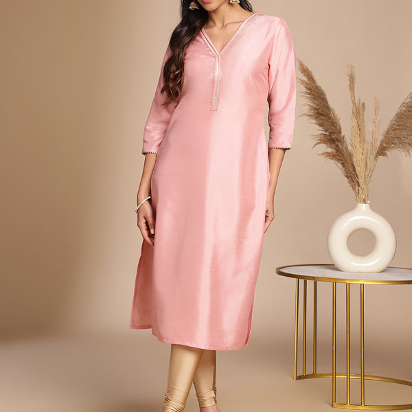 Janasya Pink Crepe Silk Solid Straight Kurta - Distacart