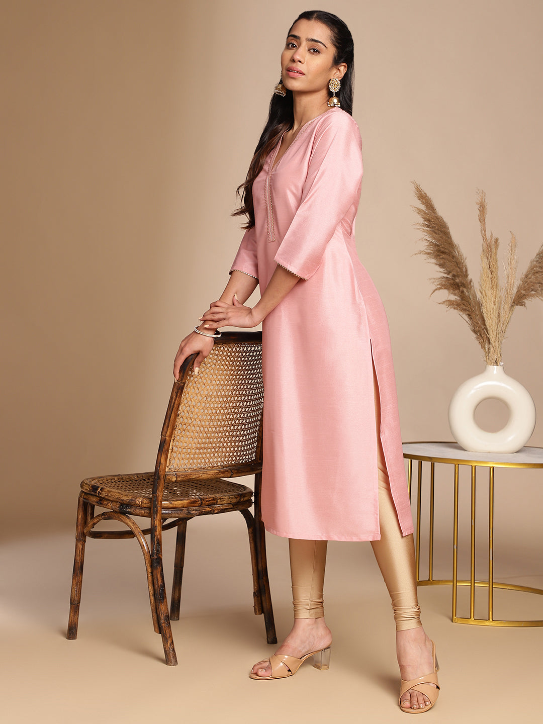 Janasya Pink Crepe Silk Solid Straight Kurta