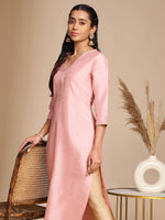 Thumbnail for Janasya Pink Crepe Silk Solid Straight Kurta