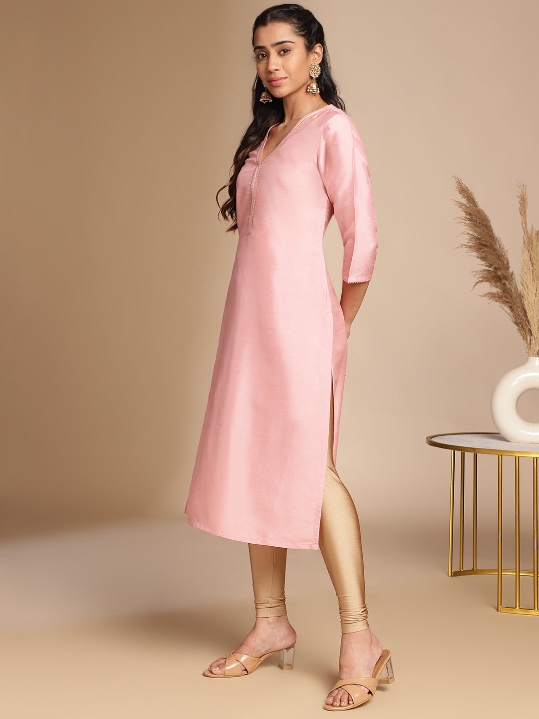 Janasya Pink Crepe Silk Solid Straight Kurta - Distacart