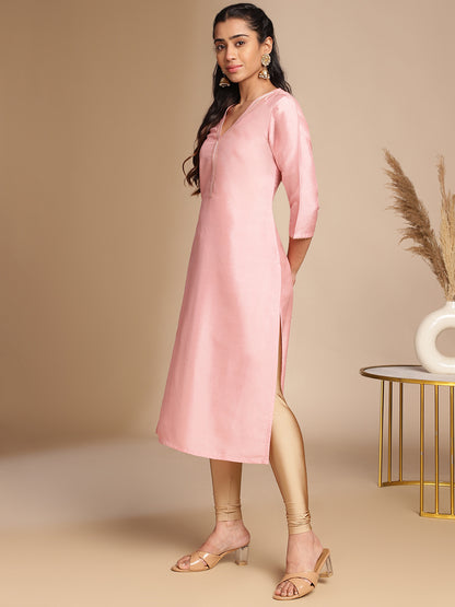Janasya Pink Crepe Silk Solid Straight Kurta - Distacart
