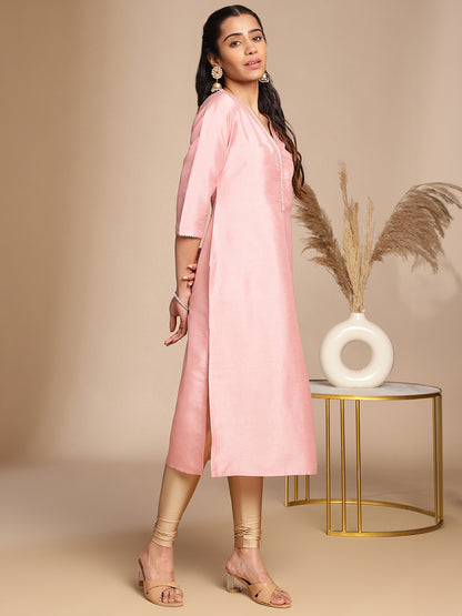 Janasya Pink Crepe Silk Solid Straight Kurta - Distacart