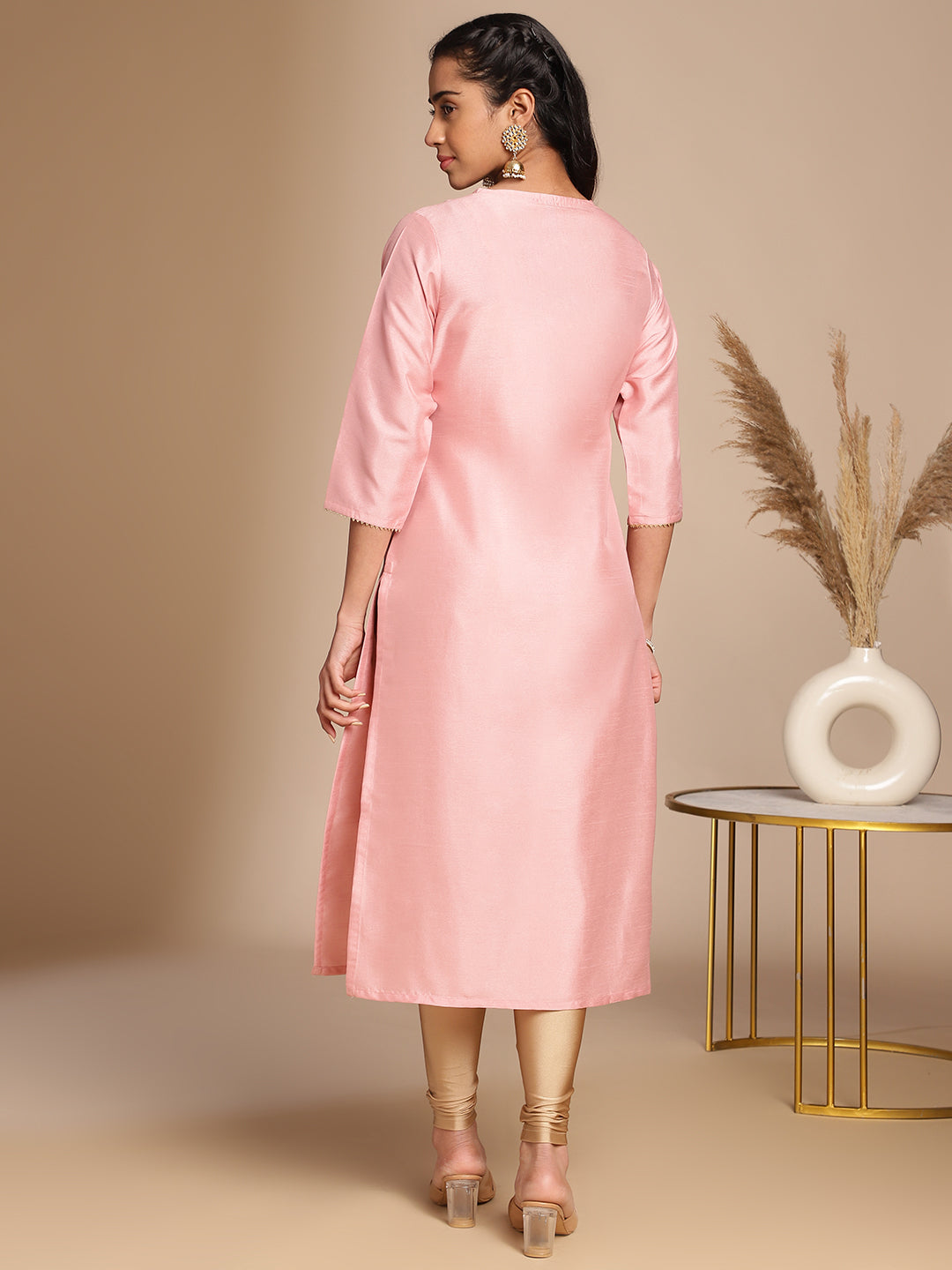Janasya Pink Crepe Silk Solid Straight Kurta