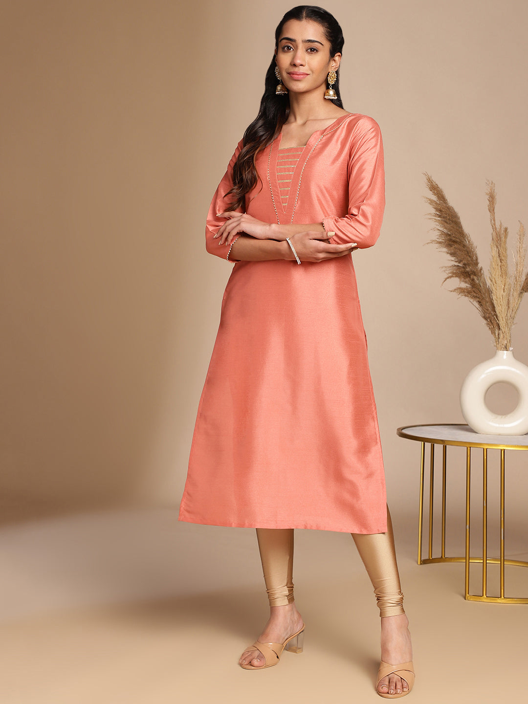 Janasya Peach Crepe Silk Solid Straight Kurta
