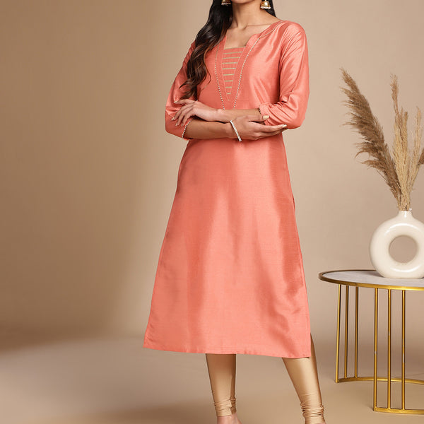 Janasya Peach Crepe Silk Solid Straight Kurta