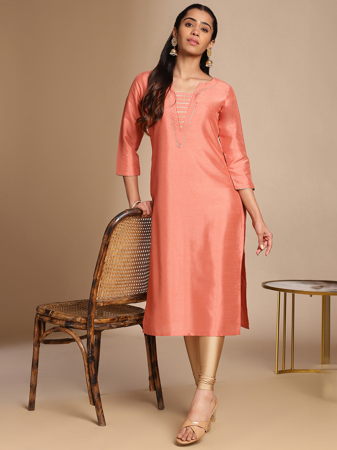 Janasya Peach Crepe Silk Solid Straight Kurta