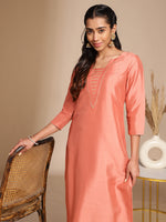 Thumbnail for Janasya Peach Crepe Silk Solid Straight Kurta