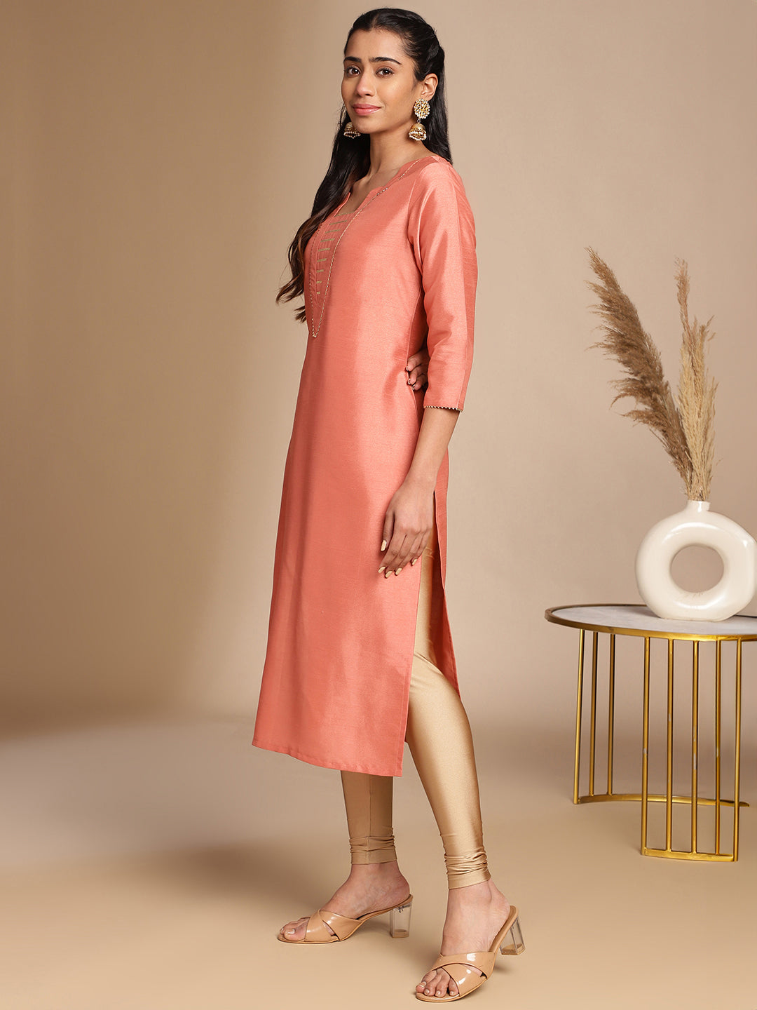 Janasya Peach Crepe Silk Solid Straight Kurta