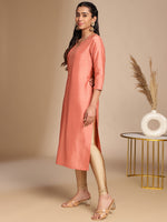 Thumbnail for Janasya Peach Crepe Silk Solid Straight Kurta