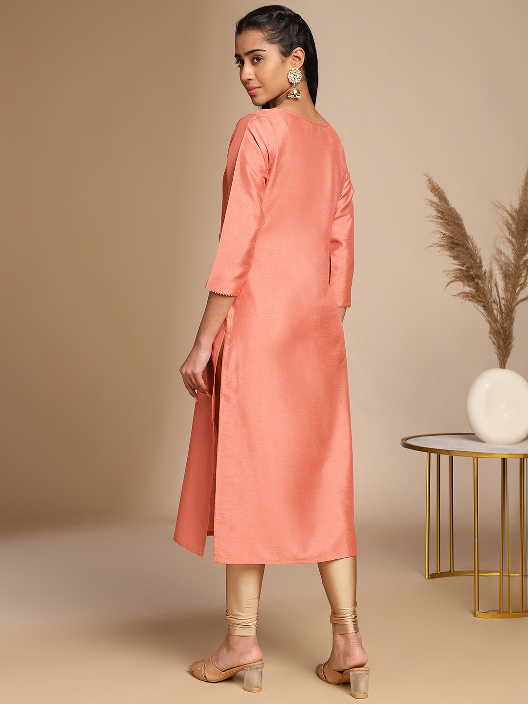 Janasya Peach Crepe Silk Solid Straight Kurta