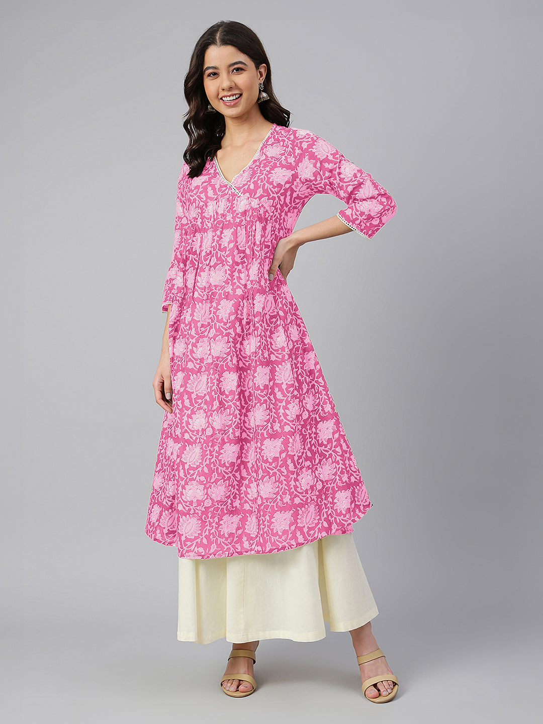 Janasya Dark Cotton Floral Flared Kurta - Distacart