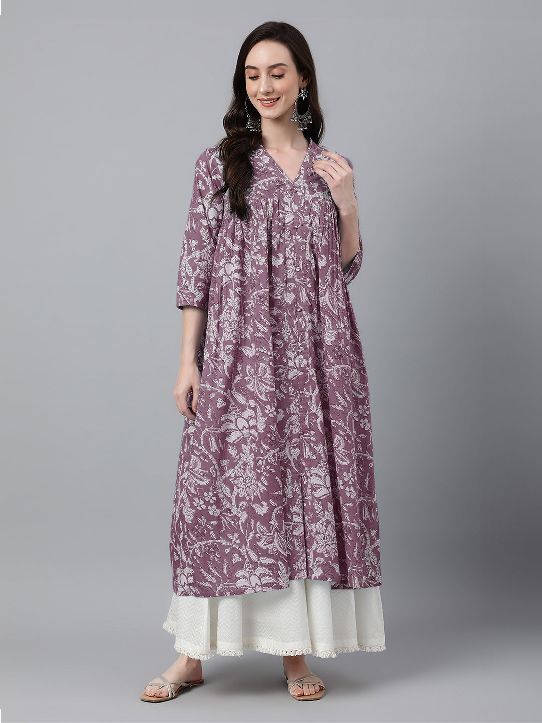 Janasya Light Cotton Floral Flared Kurta
