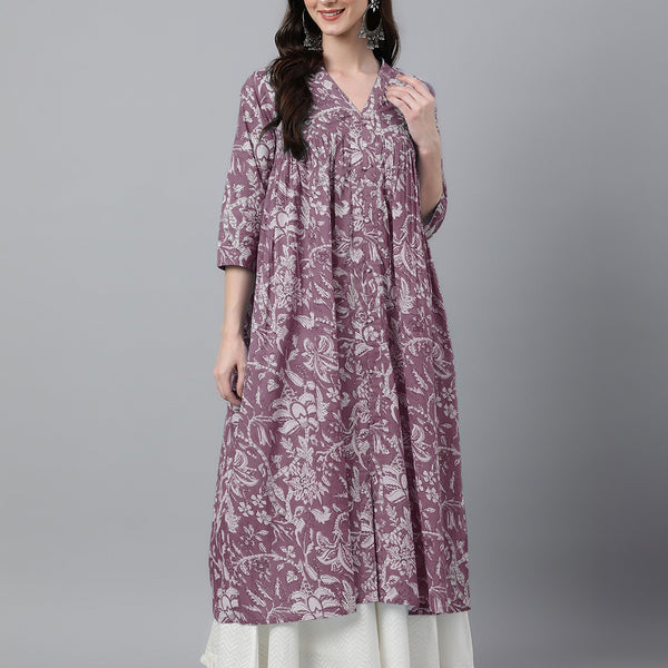 Janasya Light Cotton Floral Flared Kurta