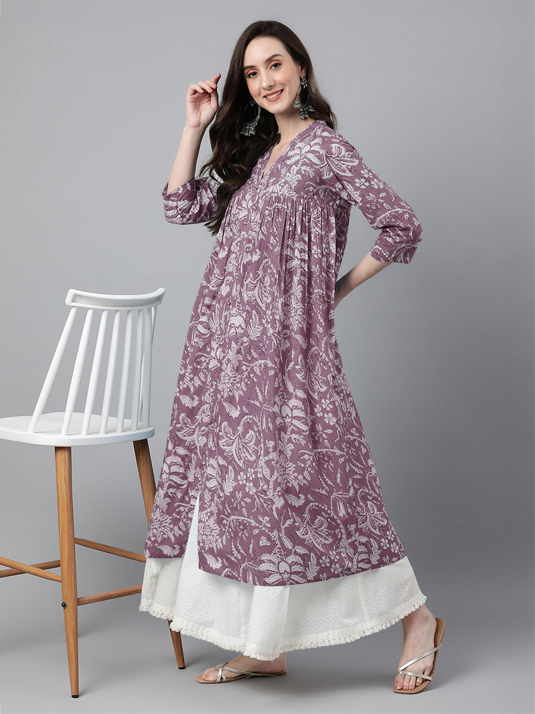 Janasya Light Cotton Floral Flared Kurta