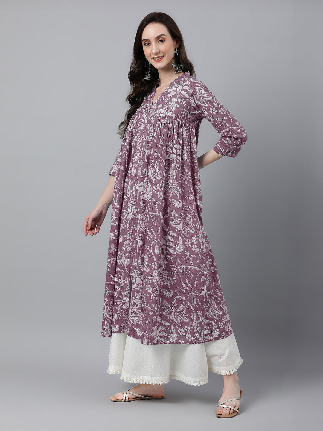 Janasya Light Cotton Floral Flared Kurta